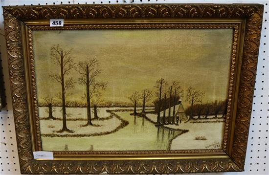 Oil of winter scene by G Bervering 1923